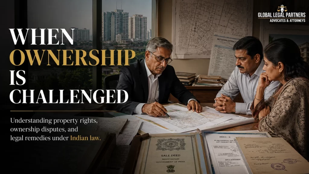 A property lawyer reviewing ownership documents and land records with clients during a property dispute consultation in India.