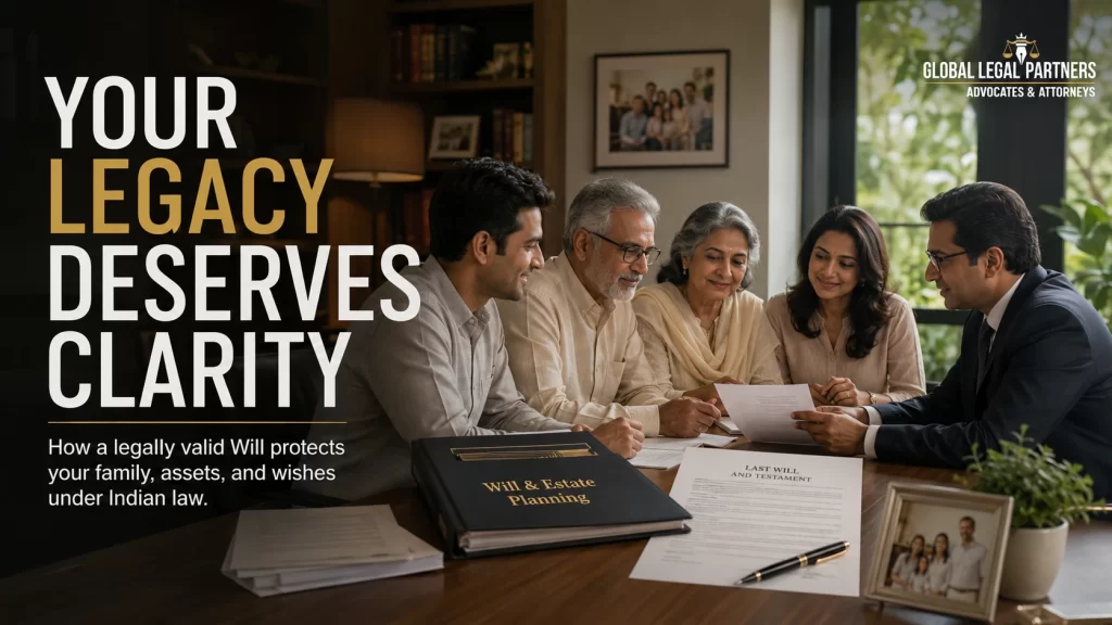 An Indian family discussing estate planning and a legally drafted Will with an experienced lawyer in a modern professional setting.
